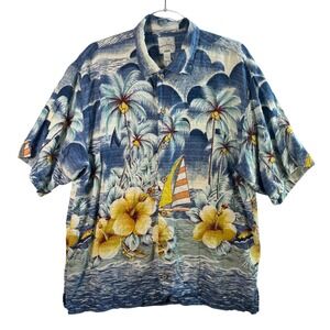Tommy Bahama Relax Mens L 100% Silk Camp Shirt Tropical Sailboat Blue Hibiscus